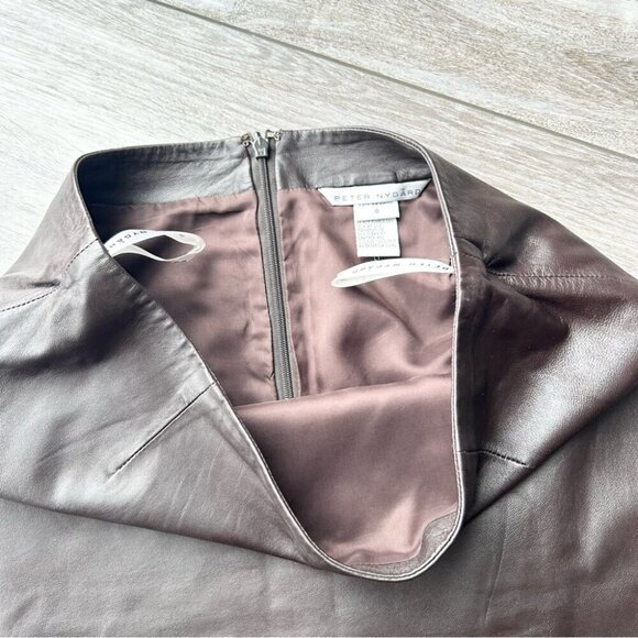 Peter Nygard Brown Buttery Leather Laser Cutout Hem Midi Skirt - Picture 6 of 13